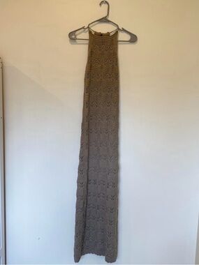 Boho Crochet Knit Maxi Dress | Halter Back Pointelle Tan